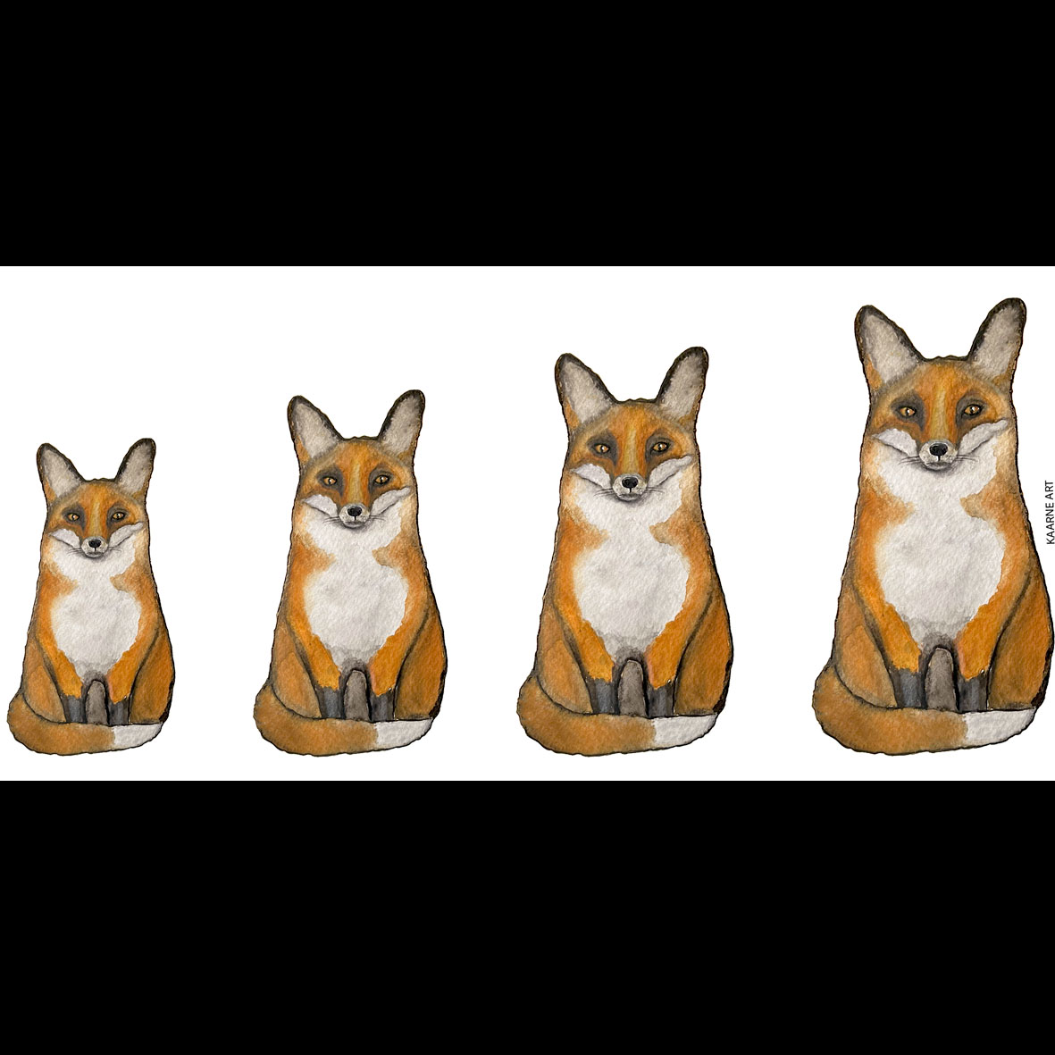 Neljä erikokoista piirrettyä kettua rivissä.