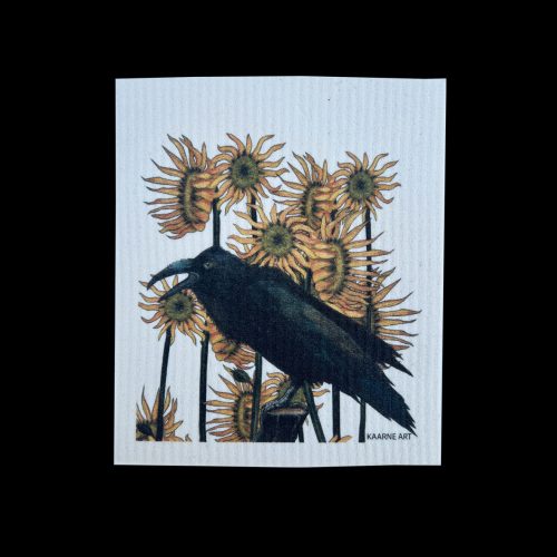 Korppi auringonkukkien edessä taiteellinen kuva