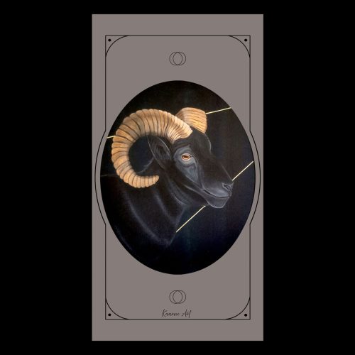 Musta pässi kultaisilla sarvilla taulussa