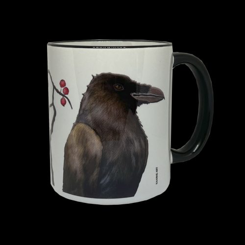 Koristeltu muki korpin kuvalla