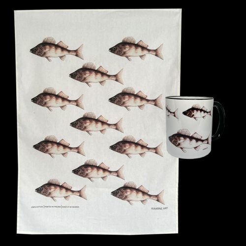 "Kalat" -keittiöpyyhe ja keramiikkamuki