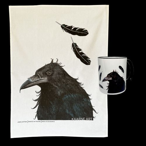 "Korppi" -keittiöpyyhe ja keramiikkamuki
