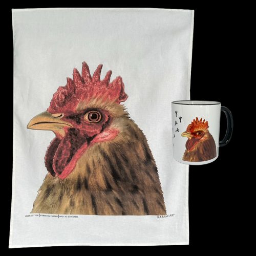"Kukko" -keittiöpyyhe ja keramiikkamuki