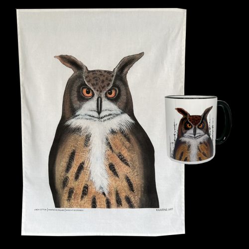 "Pöllö" -keittiöpyyhe ja keramiikkamuki